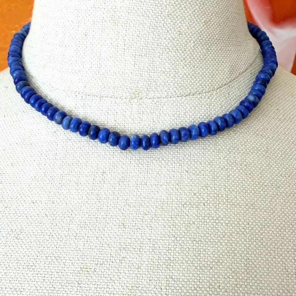 Natural Sodalite Rondelle Bead Necklace 925 Sterling Silver Clasp
